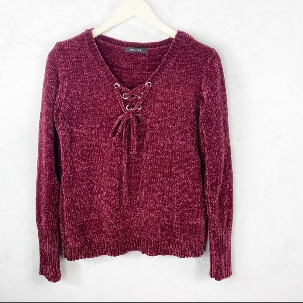 New Look Burgundy V-Neck Sweater with Lace-Up Front